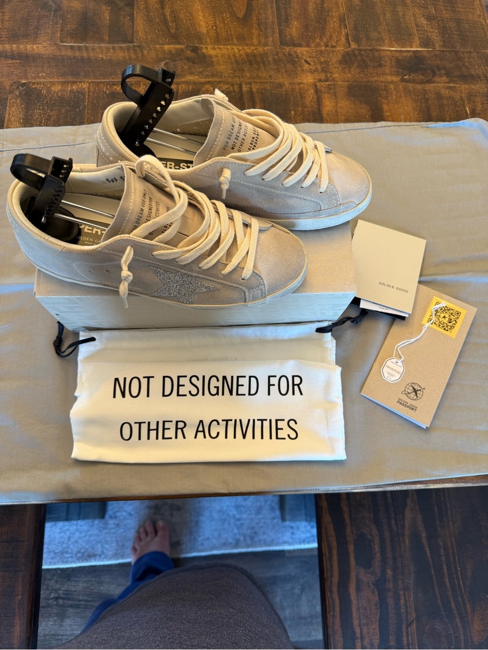 Golden Goose Cream Low-Top Sneakers with Silver Glitter Star